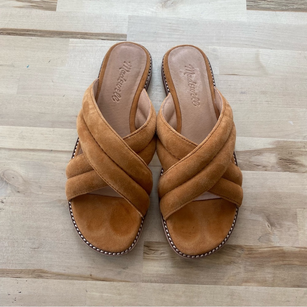 Madewell brown suede leather cross strap slide sandals size 6.5